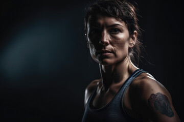 Powerful portrait of a female athlete in action, showing strength and determination, generative ai