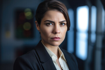 Professional businesswoman in a sleek office setting with confident posture and focused expression, generative ai