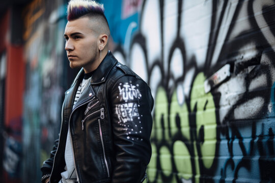 Punk Power portrait of a man with a mohawk and a black leather jacket, posing in front of a graffiti-covered wall with a confident and rebellious expression, generative ai