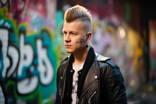 Punk Power portrait of a man with a mohawk and a black leather jacket, posing in front of a graffiti-covered wall with a confident and rebellious expression, generative ai