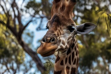 Botswana, close up of a lone giraffe in the woods. Generative AI