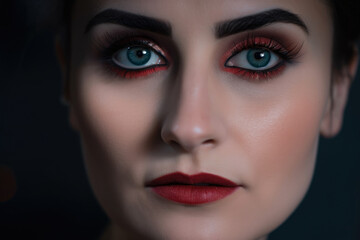 Radiant close-up of a woman's gray eyes with bold brows and  lipstick, generative ai