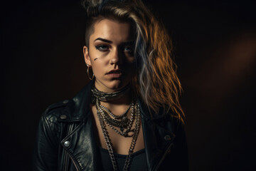 Rebellious and edgy portrait of a woman with a punk-rock attitude, wearing leather and chains and flaunting her individuality, generative ai
