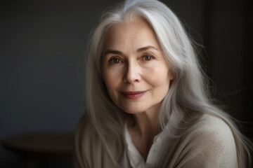 Serene and peaceful portrait of a woman in her 60s with straight hair, wearing a white blouse and a neutral cardigan, with no makeup, generative ai