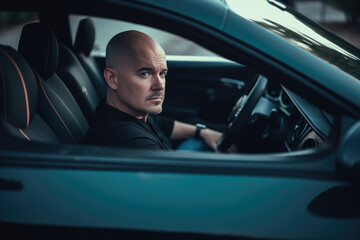 Obraz premium Smooth Operator Portrait of a Shaved-Head Man in a Luxury Sports Car, generative ai