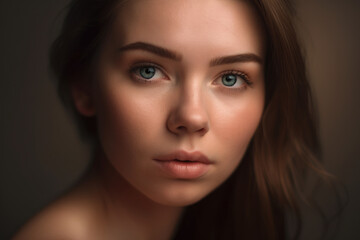 Naklejka premium Soft and gentle portrait of a woman with glowing skin and subtle makeup, generative ai
