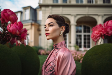 Sophisticated woman with a peony tucked behind her ear, standing in front of a regal mansion, generative ai
