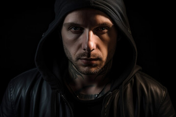 The rebel Portrait of a man with a tattoo on his neck, wearing a black hoodie and leather jacket, with a defiant look on his face, generative ai