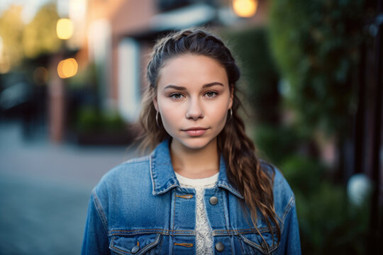 Sweet and charming portrait of a teenage girl with braided hair, wearing a cute dress and a denim jacket, with a light touch of makeup, generative ai