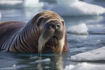 Naklejka premium Canada's walrus displaying its tusks on an ice floe. Generative AI