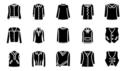 Clothes icon set. Blouse, sweater and turtleneck.