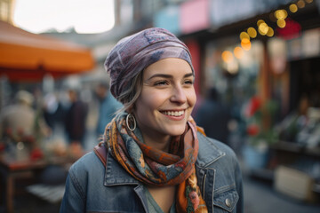 Fototapeta premium Woman with a Colorful Headscarf and Denim Jacket Strolling through a Vibrant Street Market, generative ai