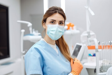 Young and Energetic Female Dentist with Protective Gear and Medical Equipment in Clinic, generative ai