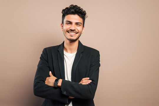 Young hispanic business manager entrepreneur politic male man posing fierce and powerful, is wearing a suit and cross arms, reworked and enhanced ai generative portrait of a not real model