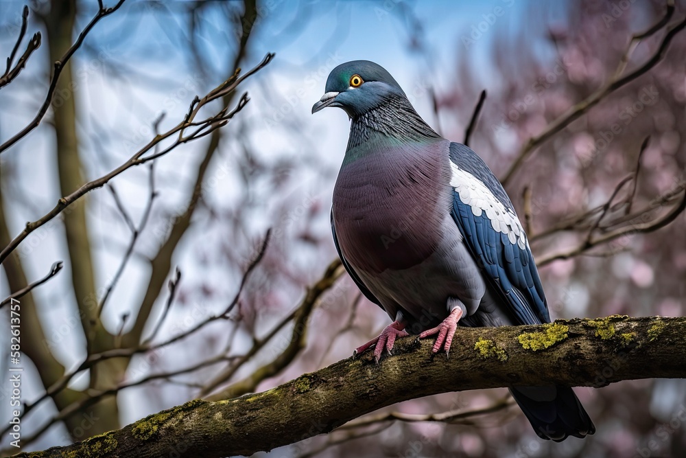 Canvas Prints a wood pigeon perched high in a tree in Essex, England, the United Kingdom. Generative AI