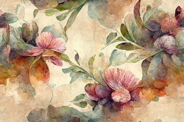 Digital floral backdrop texture pattern painted in watercolor, seamless background, continuous wallpaper, generative ai