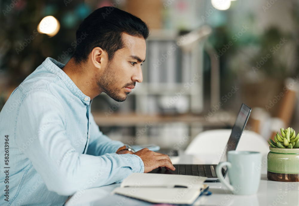 Poster business, focus and man with laptop, research and online reading in workplace, software update or we