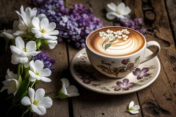 Obraz na płótnie Canvas Beautiful Cappuccino on a Wooden Table with Spring Flowers, generative AI