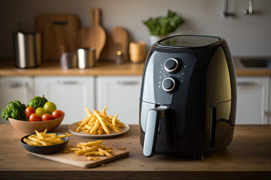 Air fryer cooking machine and french fries on wood table in the kitchen, generative AI