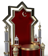 3D Red golden Islmaic ramadan podium stage with lantern and tower graphic ornament transparent background 