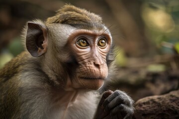 Obraz premium Macaque monkey in Thailand's Khao Phra Wihan National Park in Sisaket. Generative AI