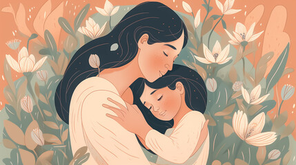 Scene of a mother and child surrounded by pastel-colored flowers, symbolizing love and appreciation.