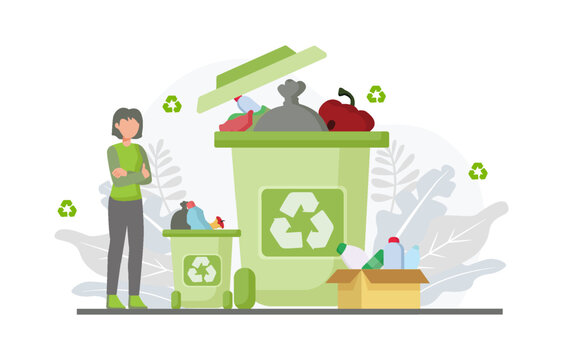 Characters reducing food waste, recycling plastic bottles. Reduce, reuse, recycle and zero waste concept. Vector illustration