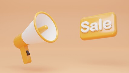 orange megaphone or hand speaker with sale label tag isolated on orange background. concept online advertising online shopping , 3d illustration or 3d render