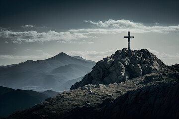 Fototapeta premium Atop the mountain, the Cross of Jesus stands tall, framed by the sunset's radiant glow in Biblical Christianity