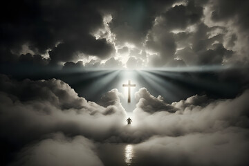 In the divine sky, a cross shines brightly, its beams illuminated by the sun..