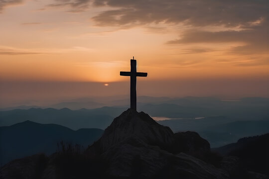 Standing tall on the mountaintop, Jesus' Cross is adorned with the glory of a Biblical Christian sunset flare