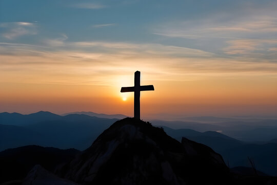Standing tall on the mountaintop, Jesus' Cross is adorned with the glory of a Biblical Christian sunset flare