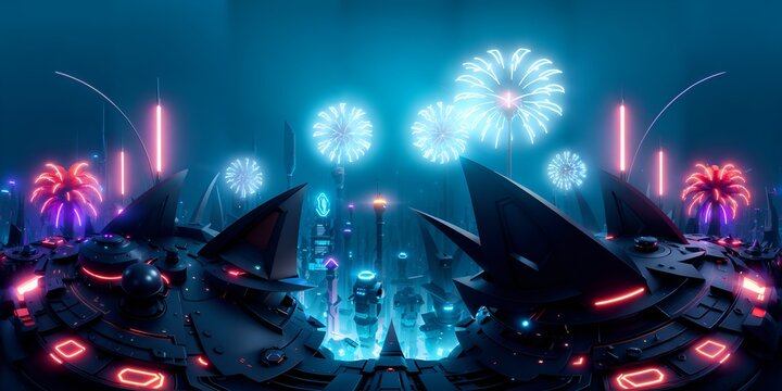 Firework blue light bubble in a digital art. 3d illustration. ai generative technology vr ready, virtualrealityart.