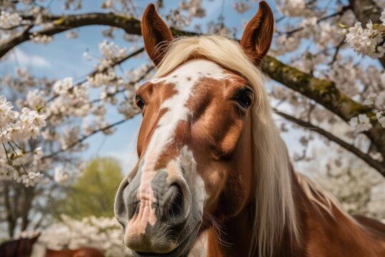 A portrait of a friendly looking horse in bloom. Generative AI