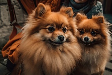 Pomeranian spitz dogs are held by the mistress. Generative AI