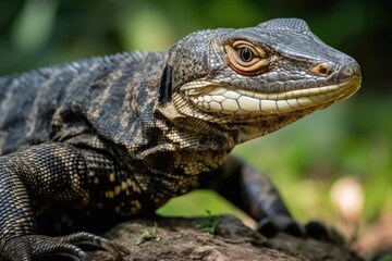 Obraz premium Asian water monitor up close, forked tongue tasting the air. Generative AI