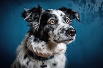 Fototapeta premium A photograph of a black and white dog. Toward the camera against a blue hardwood background. Studio capture. Generative AI