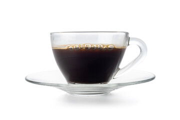 Hot coffee in a transparent glass cup isolated with clipping path on white background.