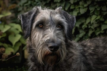 Beautiful grey Irish wolfhound dog posed for a portrait in the garden. Happy gray and black puppy in closeup. Generative AI