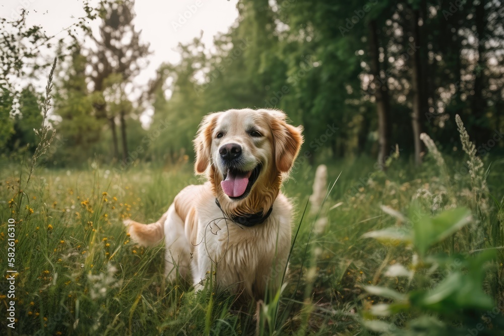 Wall mural In the park, there is a golden retriever. Generative AI