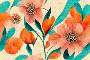 Modern flower design pattern with pink, orange e cyan colors, abstract continuous wallpaper, seamless background, repeating texture, generative ai