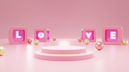 Happy valentine's day 3D rendering podium showing love pink background have decorated with gold and pink balls There is a LOVE letter box, making the picture look modern and elegant.