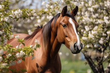 An image of a horse in a springtime garden. Generative AI