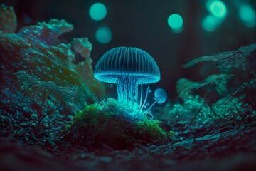 Obraz na płótnie Canvas Bioluminescent mushrooms glowing in the dark forest. Generative AI.
