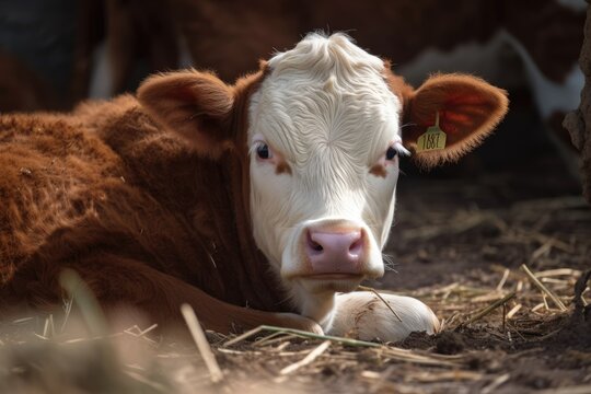 On a beef cow farm during the summer, a Hereford calf is lying in hay. Generative AI
