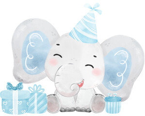 cute baby Elephant wild life animal dream blue baby shower nursery art watercolour illustration