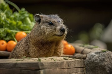 Naklejka premium Hyrax at the carrot trough in the Cottbus Animal Park. Generative AI