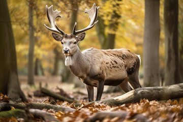 Obraz premium Autumnal reindeer (Rangifer tarandus) in a woodland. Generative AI