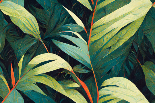 Seamless tropical jungle foliage pattern, green and orange repeating background, stunning continuous wallpaper, trend texture, generative ai