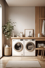 Home interior mockup: beige laundry room, washing machine, wood furniture, Scandinavian style, Generative AI. Minimalist frame on the wall. - obrazy, fototapety, plakaty